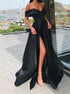 A Line Off Shoulder Black Satin Belt Prom Dresses with Slit LBQ2299