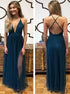 A Line V Neck Blue Tulle Criss Cross Prom Dress with Split LBQ2083