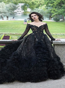 Ball Gown Long Sleeves Lace Scoop Black Prom Dress LBQ2337