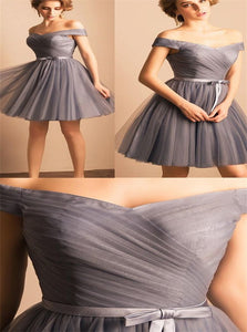 Ball Gown Tulle Grey Off Shoulder Prom Dresses with Pleats