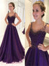 Purple Scoop Sequins Sweep Train Prom Dress LBQ1735