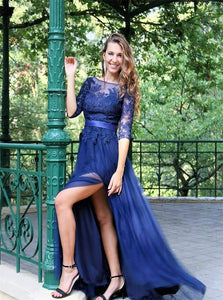 A Line Half Sleeve Royal Blue Tulle Appliques Prom Dress with Slit