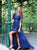 A Line Half Sleeve Royal Blue Tulle Appliques Prom Dress with Slit