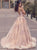  A Line V Neck Tulle Sweep Train Open Back Prom Dresses with Lace Appliques
