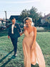 A Line Spaghetti Straps V Neck Criss Cross Champagne Chiffon Prom Dress LBQ3183