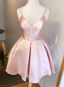 A Line V Neck Straps Short Pink Satin Pleats Homecoming Dresses