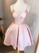 A Line V Neck Straps Short Pink Satin Pleats Homecoming Dresses