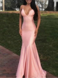 Spaghetti Long Mermaid Elastic Satin Lace Up Prom Dresses 