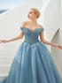 Dusty Blue Ball Gown Off the Shoulder Beadings Tulle Prom Dress LBQ2619