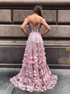 A Line Pink Lace Off The Shoulder Appliques Open Back Prom Dresses