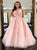 Ball Gown V Neck Appliques Tulle Pink Prom Dresses