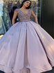 Floor Length Satin Light Purple Short Sleeves Prom Dresses