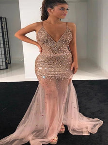 Deep V Neck Tulle Mermaid Beadings Prom Dresses