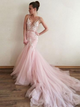 Pink Appliques Mermaid V Neck Tulle Open Back Prom Dresses 
