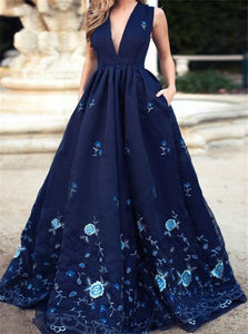 A Line V Neck Satin Print Blue Prom Dress 