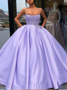 Purple Ball Gown Spaghetti Straps Satin Prom Dresses With Pocket