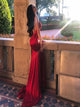 Mermaid V Neck Red Satin Prom Dresses with Sweep Train