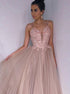 A Line Pearl Pink Chiffon Appliques Criss Cross Prom Dress LBQ3075