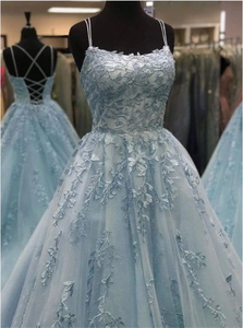 Blue Lace Up Prom Dresses