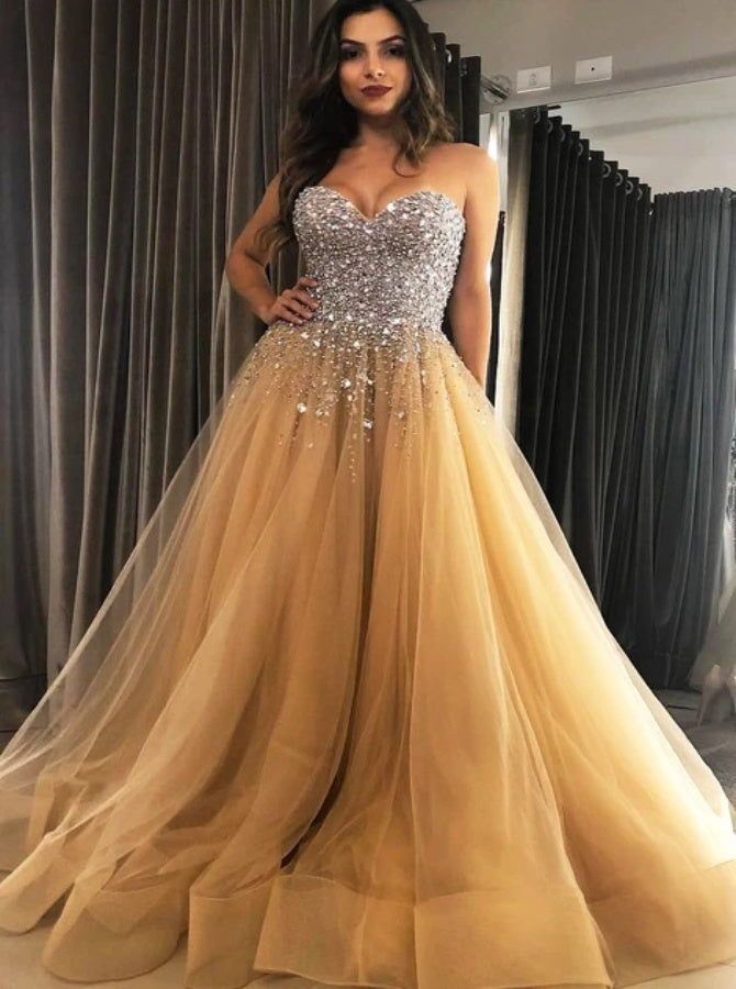 A Line Champagne Sweetheart Crystals Tulle Prom Dress | Alinepromdress A Line Champagne Sweetheart Crystals Tulle Prom Dress | Alinepromdress