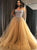 A Line Champagne Sweetheart Crystals Tulle Prom Dresses