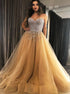 A Line Champagne Sweetheart Gold Crystals Tulle Prom Dress LBQ2416