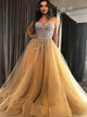 A Line Champagne Sweetheart Crystals Tulle Prom Dresses