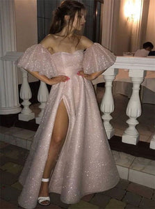 A Line Pink Off the Shoulder Sequined Slit Floor Length Backless Prom Dresses