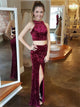 A Line Burgundy Velvet Criss Cross Prom Dress with Slit