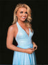 A Line Deep V Neck Blue Chiffon Sequins Sleeveless Prom Dresses LBQ2397
