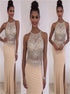 A Line Slit Scoop Sleevesless Beadings Champagne Satin Prom Dresses LBQ2102