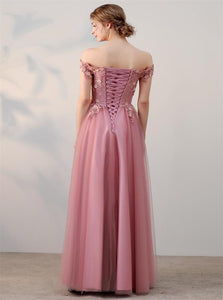 Floor Length Pink Appliques Lace Up Tulle Prom Dresses 