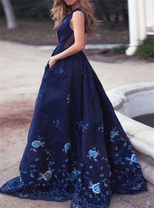 Sweep Train Blue Evening Dresses