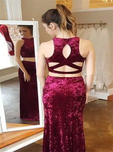 Two Piece Scoop Burgundy Evening Dresses with Slit