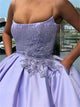 Purple Ball Gown Spaghetti Straps Satin Appliques Prom Dresses With Pocket