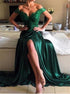 A Line Beading Lace Off the Shoulder Satin Prom Dresses with Slit LBQ2989