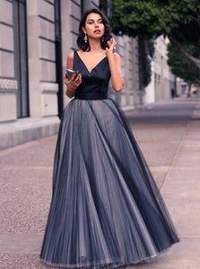 A line V Neck Backless Open Back Prom Dresses with Pleats