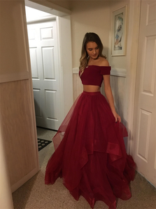 Burgundy Two Pieces Tulle Off the Shoulder Prom Dresses with Ruffles 