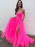 A Line Spaghetti Straps V Neck Pink Tulle Prom Dresses LBQ2140