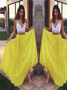 Sweep Train V Neck Chiffon Yellow Sleeveless Prom Dresses With Lace