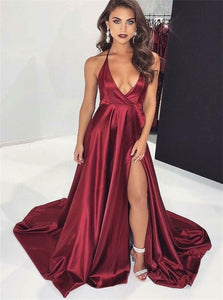 A Line Sweep Train Burgundy Satin Prom Dresses with Slit