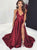 A Line Sweep Train Burgundy Satin Prom Dresses with Slit