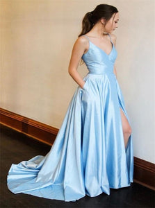 A Line Spaghetti Straps Satin Blue Prom Dresses with Split