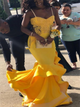 Yellow Mermaid Spaghetti Satin Appliques Ruffles Prom Dresses 