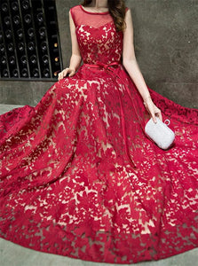 Red A Line Red Tulle Lace Up Prom Dresses with Belt 