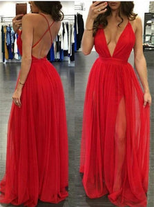 A Line V Neck Criss Cross Red Chiffon Prom Dresses