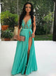 Green A Line Floor Length Deep V Neck Slit Prom Dresses
