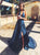 V Neck Navy Blue Lace Prom Dresses with Split 