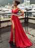 A Line V Neck Satin Split Red Prom Dress with Belt LBQ3163