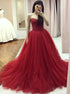 A Line Sweetheart Red Beaded Tulle Prom Dresses LBQ1988